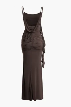 Solid Fringe Backless Slip Slit Maxi Dress