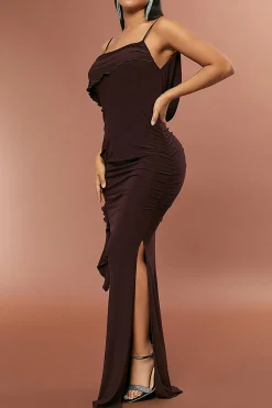 Solid Fringe Backless Slip Slit Maxi Dress