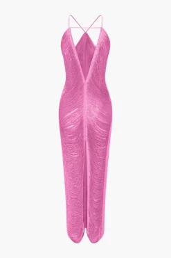 Solid Fringe Cut Out Slit Midi Dress