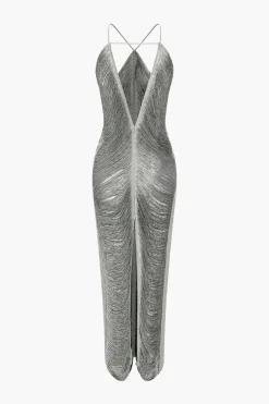 Solid Fringe Cut Out Slit Midi Dress