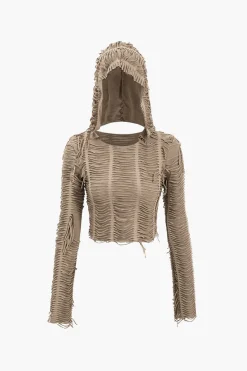 Solid Fringe Long-Sleeve Hooded Top