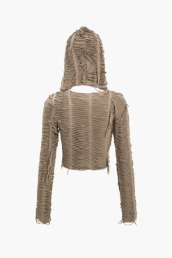 Solid Fringe Long-Sleeve Hooded Top
