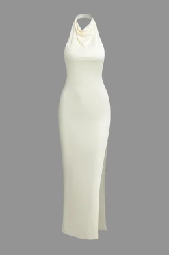 Solid Halter Backless Slit Sleeveless Maxi Dress