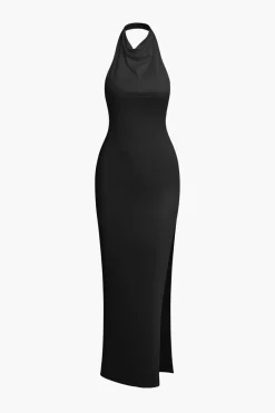 Solid Halter Backless Slit Sleeveless Maxi Dress