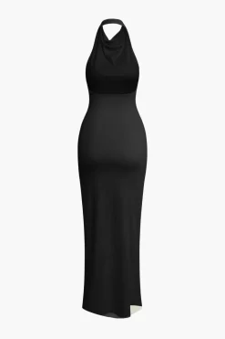Solid Halter Backless Slit Sleeveless Maxi Dress