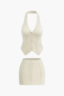 Solid Halter Backless Vest And Mini Skirt Set