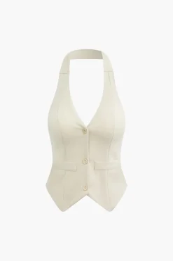 Solid Halter Backless Vest And Mini Skirt Set