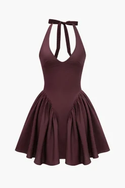 Solid Halter V-neck Ruched Mini Dress