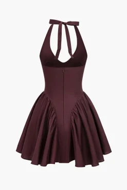 Solid Halter V-neck Ruched Mini Dress