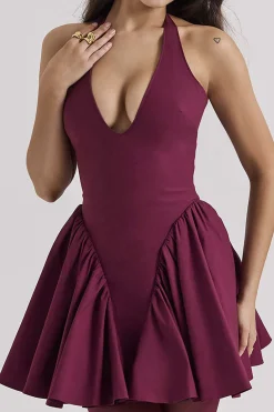 Solid Halter V-neck Ruched Mini Dress