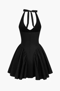 Solid Halter V-neck Ruched Mini Dress
