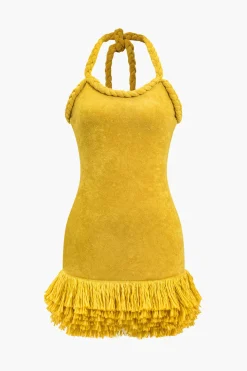 Solid Hand-Woven Fringe Mini Dress