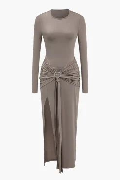 Solid Heart-Shaped Irregular Slit Long Sleeve Midi Dress