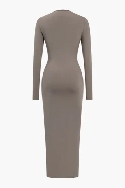 Solid Heart-Shaped Irregular Slit Long Sleeve Midi Dress
