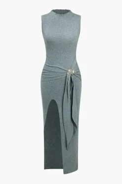 Solid High Slit Knotted Sweater Dress