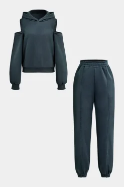 Solid Hooded Cut Out Sweatshirt And Elastic Pants Set