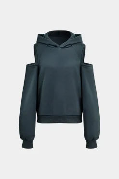 Solid Hooded Cut Out Sweatshirt And Elastic Pants Set