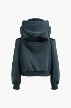 Solid Hooded Cut Out Sweatshirt And Elastic Pants Set