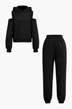 Solid Hooded Cut Out Sweatshirt And Elastic Pants Set