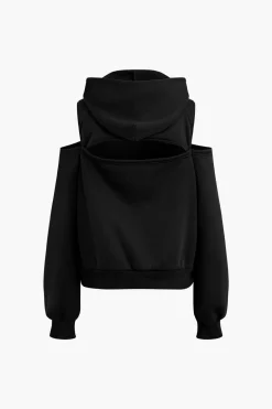 Solid Hooded Cut Out Sweatshirt And Elastic Pants Set