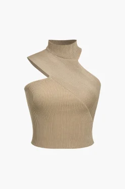 Solid Knit Asymmetrical Mock Neck Tank Top