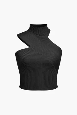 Solid Knit Asymmetrical Mock Neck Tank Top