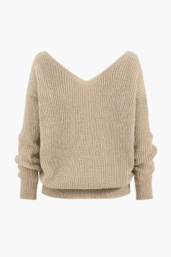 Solid Knit Backless V-Neck Twist Knot Long-Sleeve Top