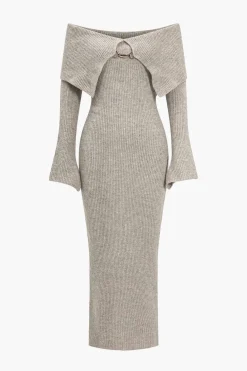 Solid Knit Bell Sleeves Off Shoulder Maxi Dress
