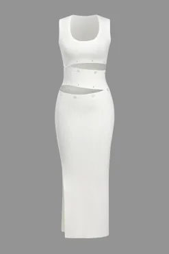 Solid Knit Button Cut Out Slit Dress