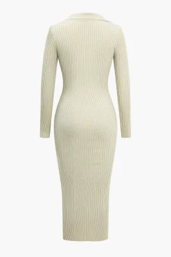 Solid Knit Button Long Sleeve Dress