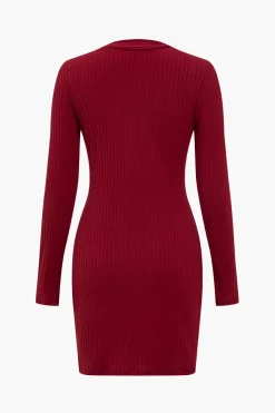Solid Knit Button Long-Sleeve Dress