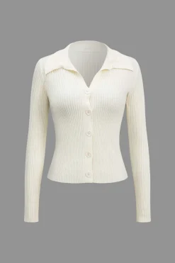Solid Knit Button Long-Sleeve Top