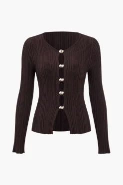 Solid Knit Button Long-Sleeve Top