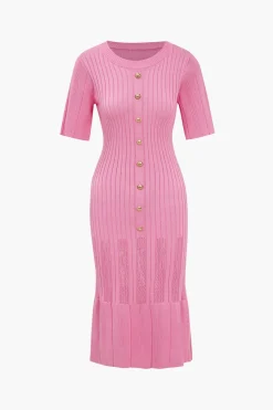 Solid Knit Button Round Neck Short Sleeve Dress