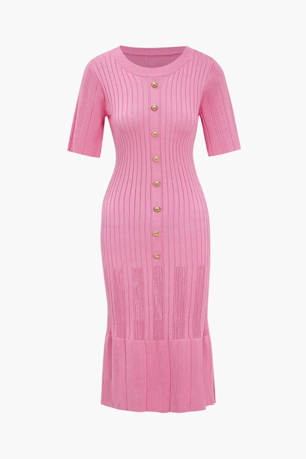 Solid Knit Button Round Neck Short Sleeve Dress