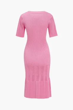 Solid Knit Button Round Neck Short Sleeve Dress