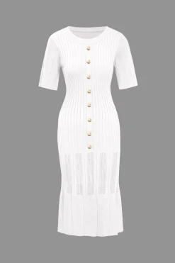 Solid Knit Button Round Neck Short Sleeve Dress