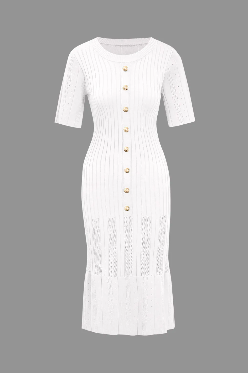 Solid Knit Button Round Neck Short Sleeve Dress