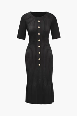 Solid Knit Button Round Neck Short Sleeve Dress