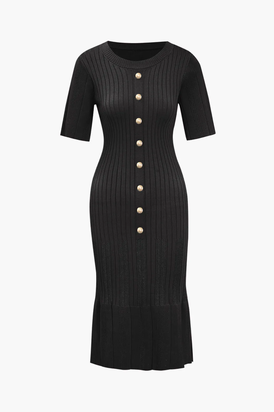 Solid Knit Button Round Neck Short Sleeve Dress
