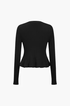 Solid Knit Button Ruffled Long-Sleeve Top