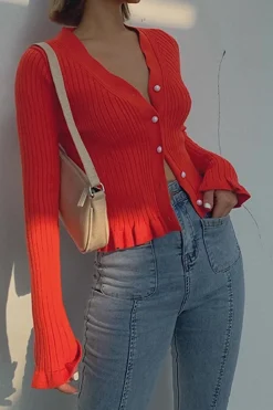 Solid Knit Button Ruffled Long-Sleeve Top