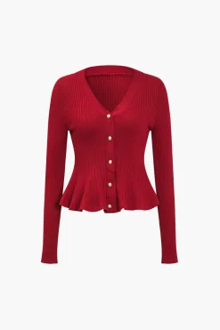 Solid Knit Button Ruffled Long-Sleeve Top