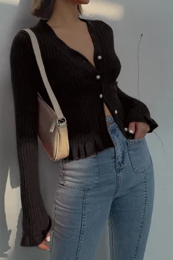 Solid Knit Button Ruffled Long-Sleeve Top