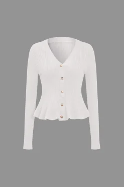 Solid Knit Button Ruffled Long-Sleeve Top