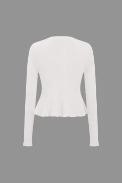 Solid Knit Button Ruffled Long-Sleeve Top