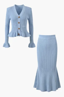 Solid Knit Button Top And Ruffle Mermaid Skirt Set