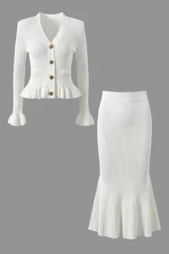 Solid Knit Button Top And Ruffle Mermaid Skirt Set