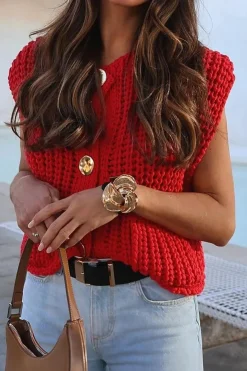 Solid Knit Button Up Vest