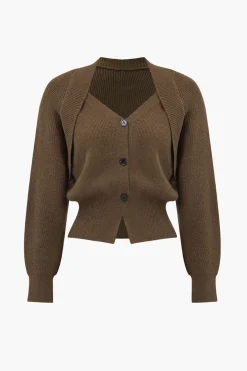 Solid Knit Button V-neck Long Sleeve Cardigan